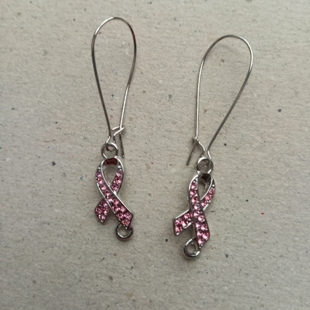 Hand crafted rhinestone breast cancer awareness ribbon drop dangling earrings